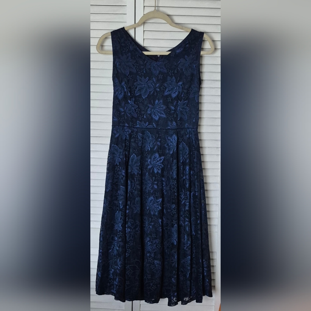 Navy Blue - V Neck Floral Lace Dress - Size: Medium
